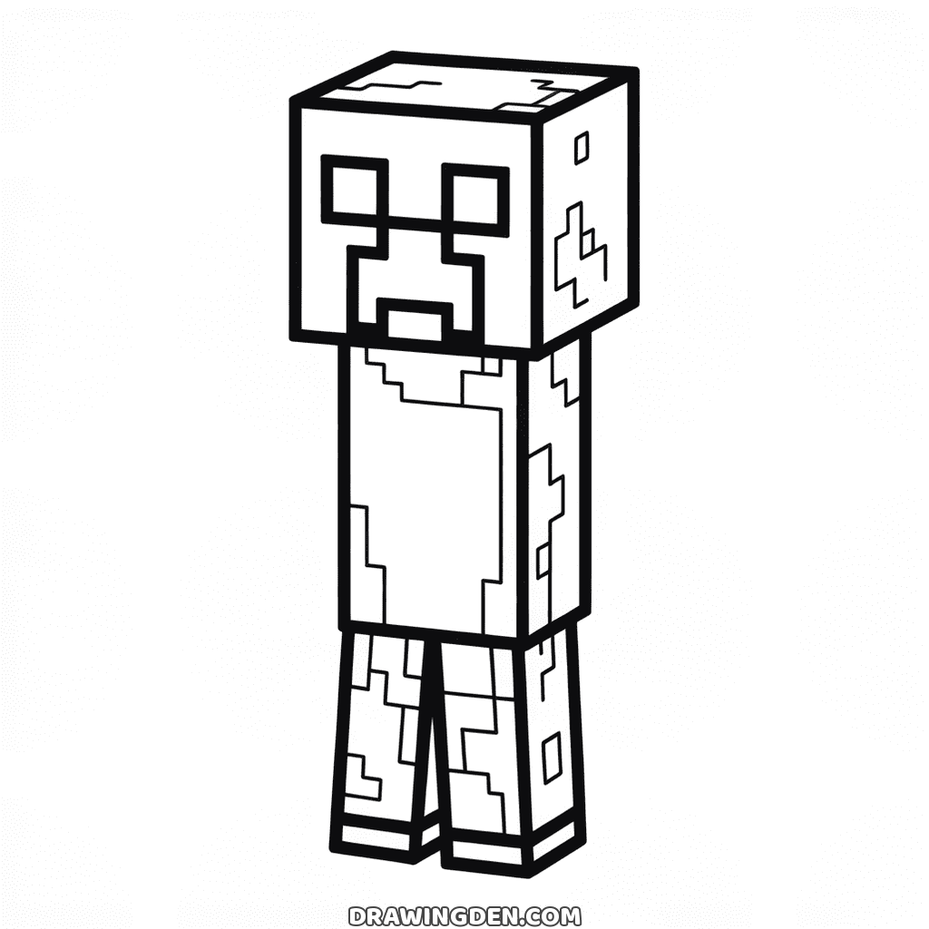 Minecraft Creeper standing tall with its square head, frowning face and patchy blocky body