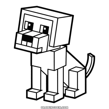 Tame Minecraft wolf dog sitting with its square head, short snout and curled tail
