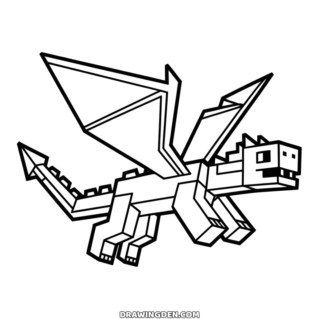 Minecraft Ender Dragon flying with its long blocky body, two pointed wings spread and a spiked tail
