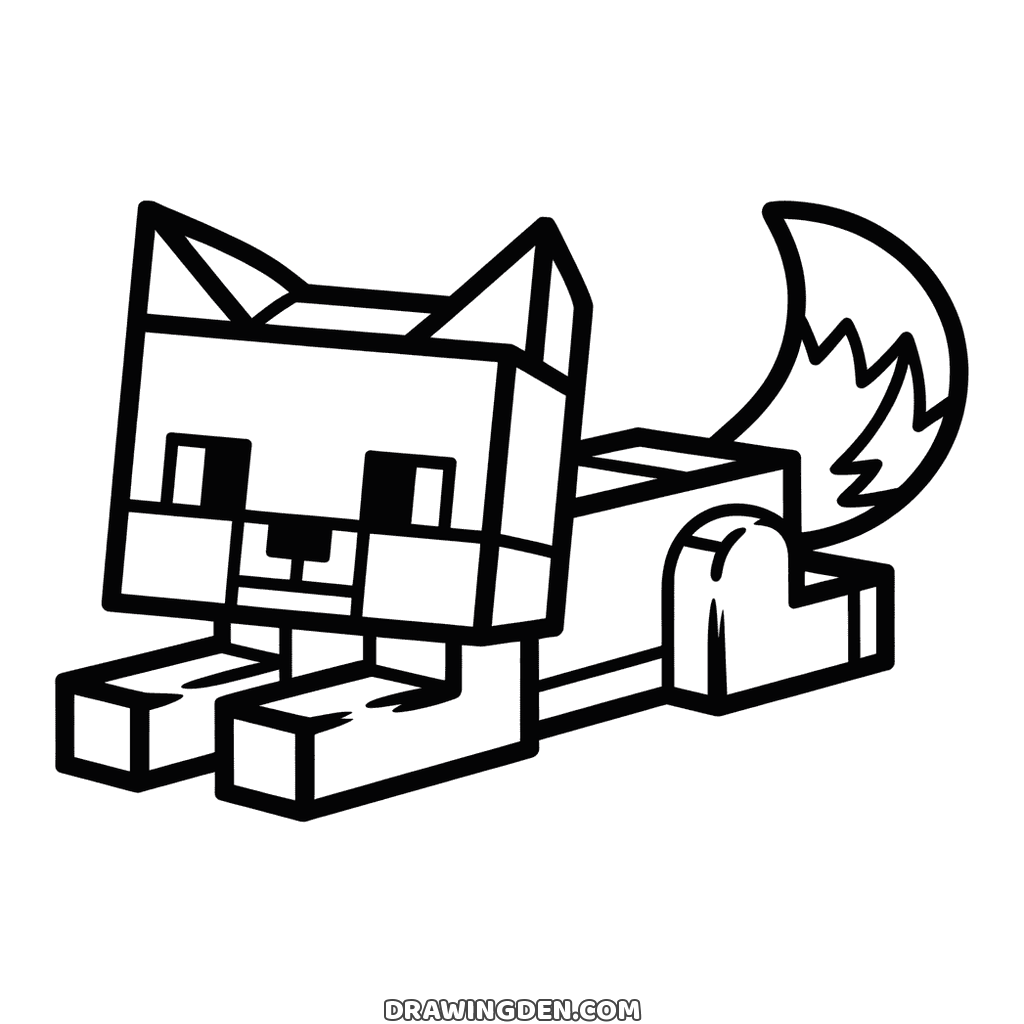 Minecraft fox lying down with pointed ears, square muzzle and a bushy white tipped tail