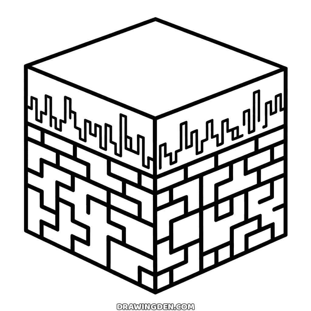 Minecraft grass block seen from one corner, grass along the top edge and pixel dirt pattern on the sides