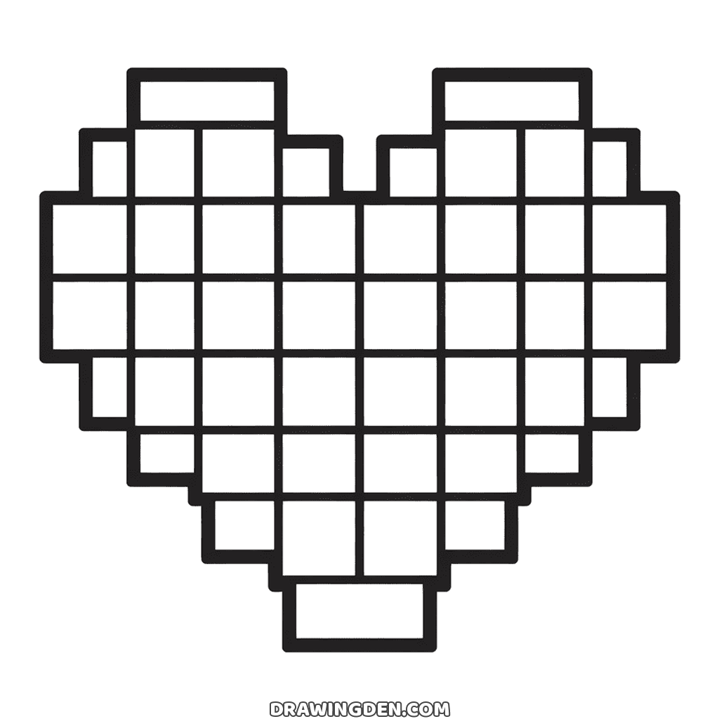 Pixel heart from Minecraft made of a grid of small squares, outlined in black