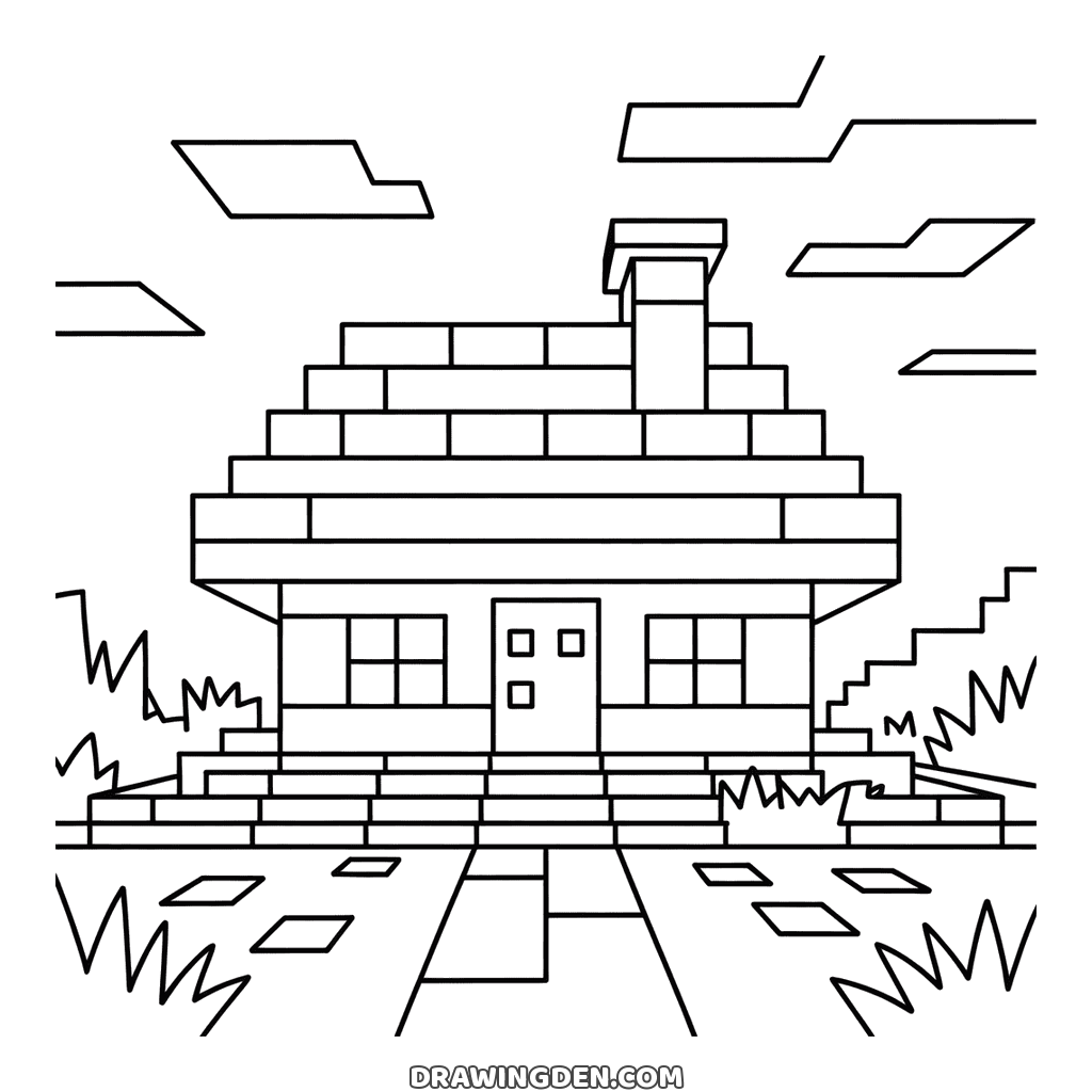 Minecraft house built of blocks with a stepped roof, a chimney, two windows and a path leading to the door