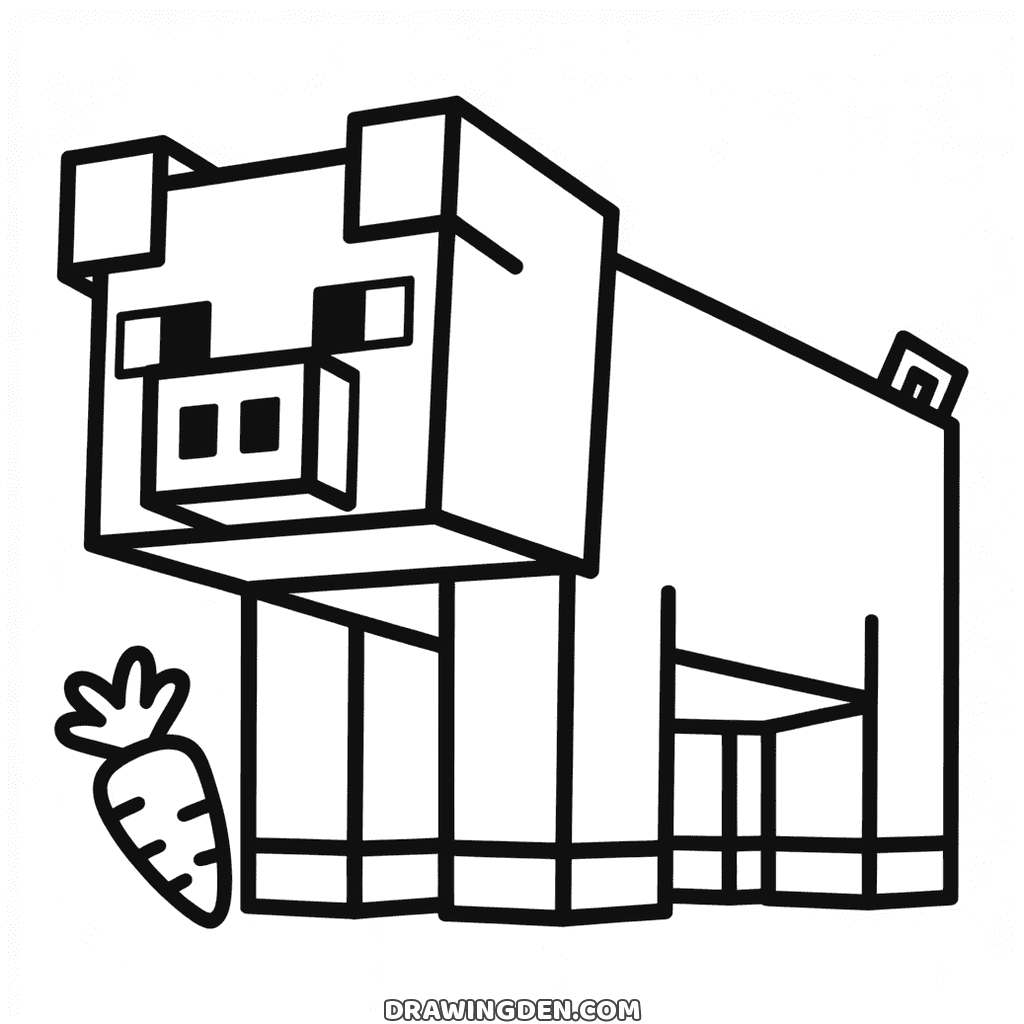 Blocky Minecraft pig standing side on with its square snout, a carrot lying next to its front legs