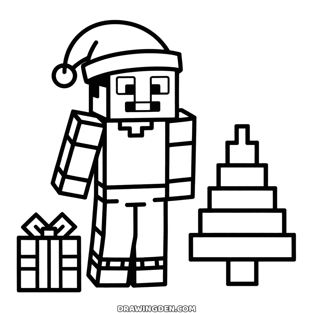 Minecraft Steve at Christmas wearing a Santa hat, a wrapped present at his feet and a stepped tree beside him