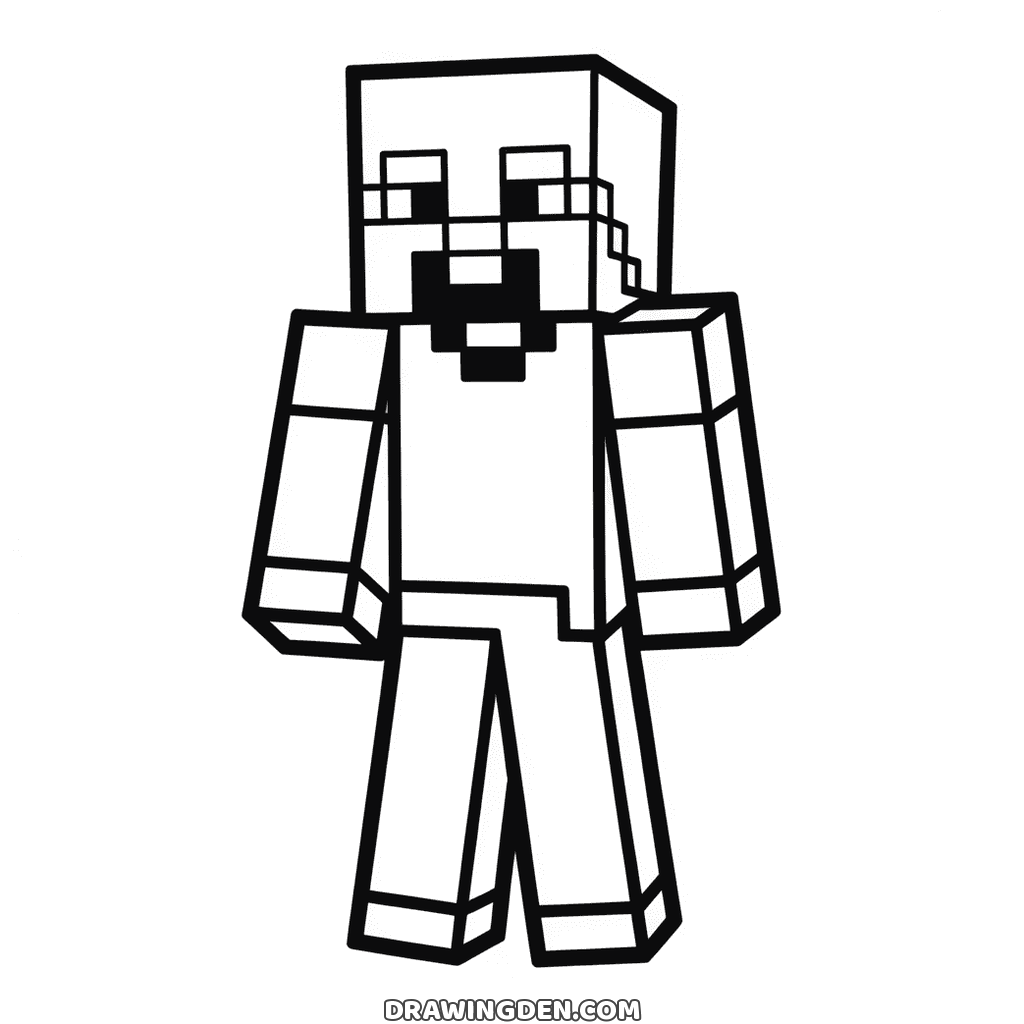 Minecraft Steve standing straight with his square head and blocky arms hanging at his sides