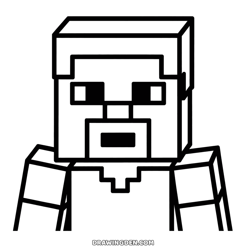 Close up of Minecraft Steve's square face with pixel eyes and a straight mouth, shoulders below