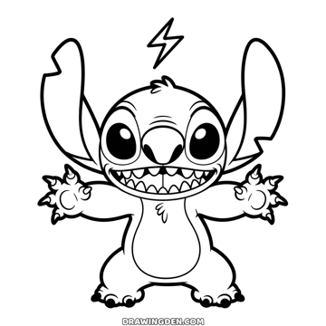 Mischievous Stitch standing with his claws spread, a toothy grin and a lightning bolt above his head
