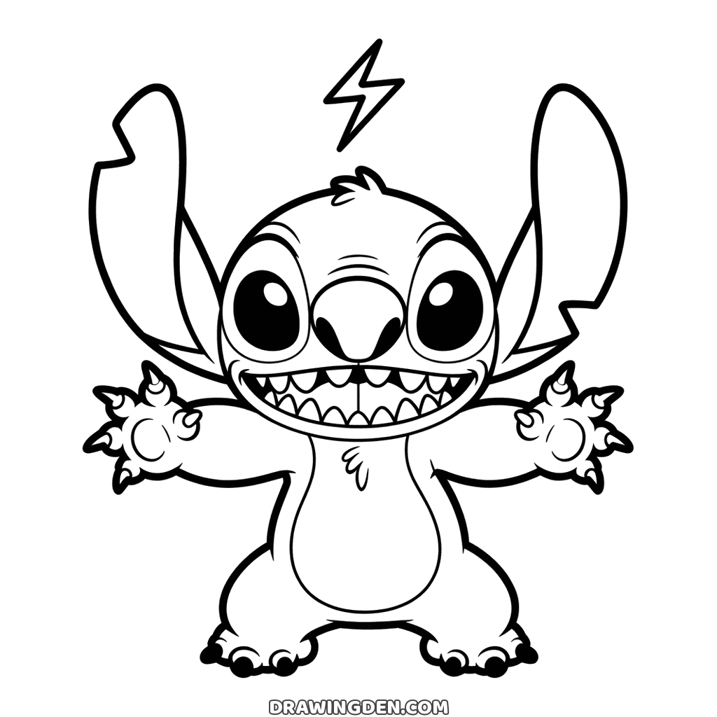 Mischievous Stitch standing with his claws spread, a toothy grin and a lightning bolt above his head