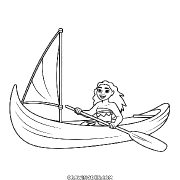 Princess Moana standing in a small canoe with the sail up and an oar in her hands, waves below