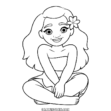 Princess Moana sitting cross legged with long wavy hair and a flower tucked behind one ear, page to color