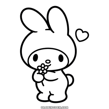 Free coloring page: My Melody standing in her hood with two tall rabbit ears, holding a small flower up to her face