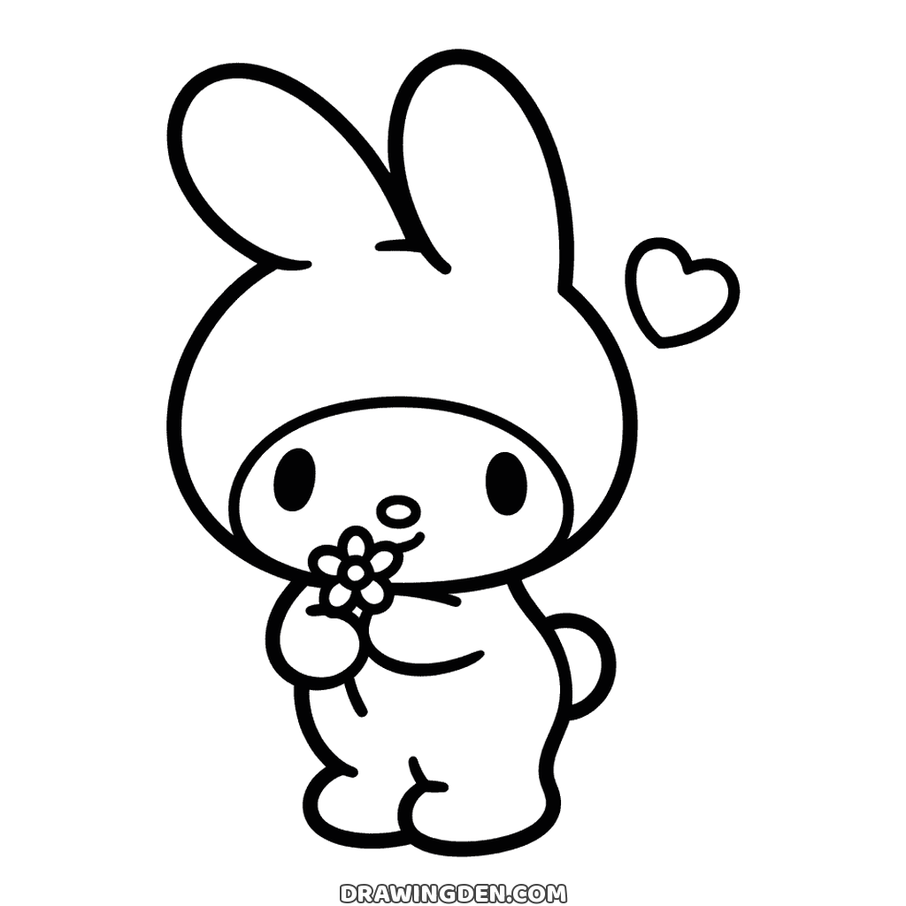 Free coloring page: My Melody standing in her hood with two tall rabbit ears, holding a small flower up to her face