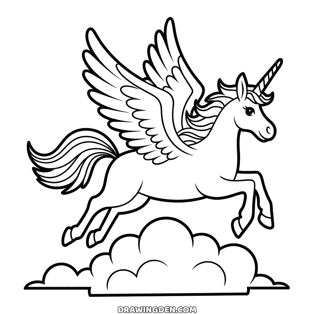 Winged pegasus unicorn leaping over a cloud with feathered wings spread and mane flowing