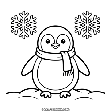Cute winter penguin in a long scarf standing in the snow with two large snowflakes above
