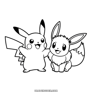 Pokémon Pikachu waving with one arm raised and the other round Eevee, both smiling with their mouths open, Eevee sitting beside him