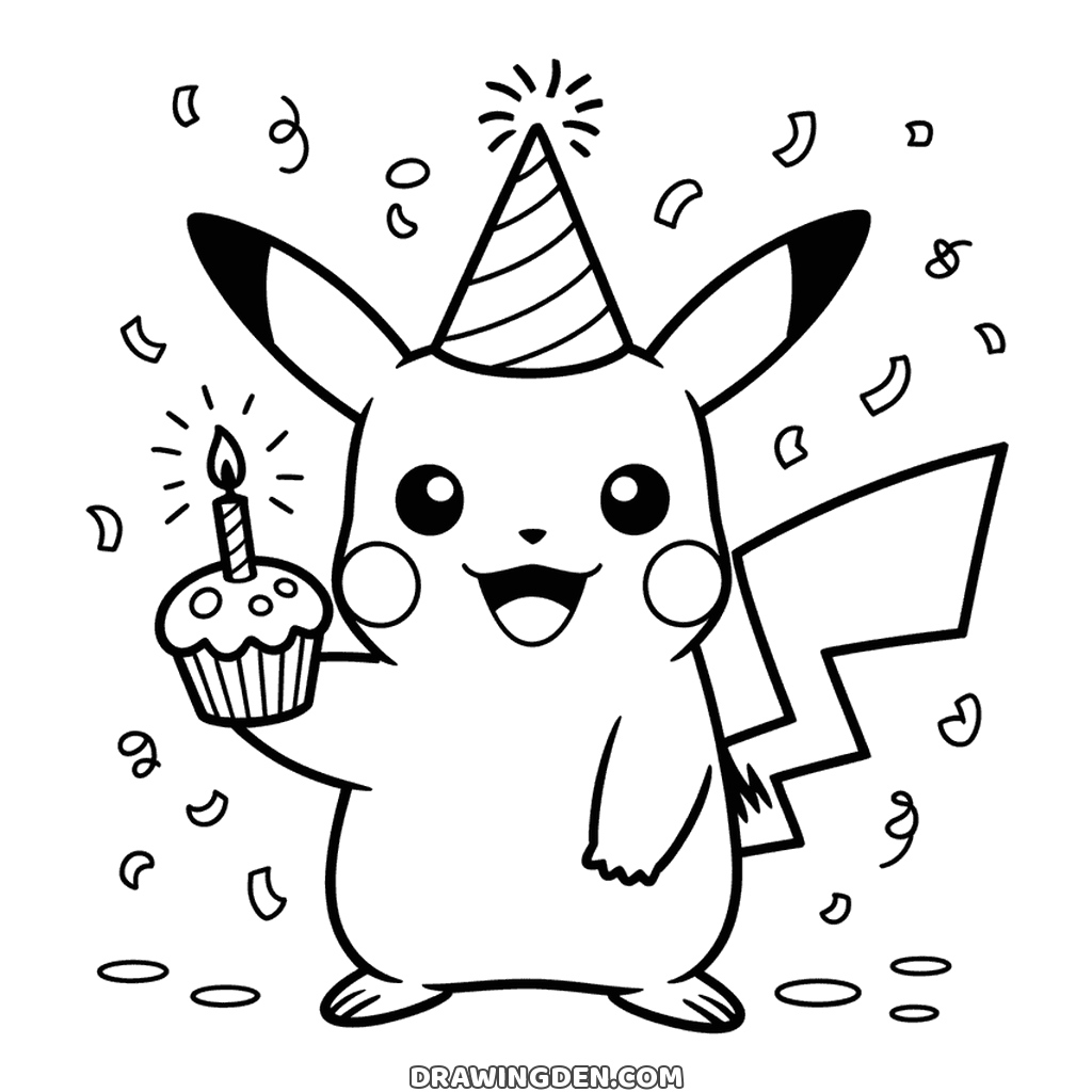 Pokémon Pikachu wearing a striped party hat and holding up a cupcake with one lit candle, confetti flying around him