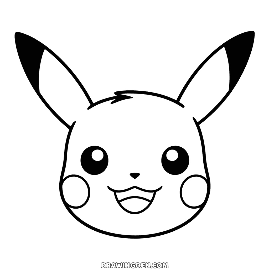 Pokémon Pikachu suratı sayfayı dolduruyor, iki kulak yukarıda, yuvarlak yanaklar ve kocaman açık gülümseme, çizim sayfası