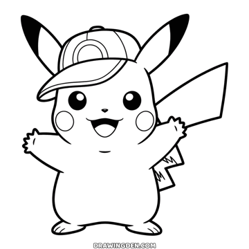 Pokémon Pikachu wearing a trainer's cap tilted on his head, both arms raised wide and a big open smile
