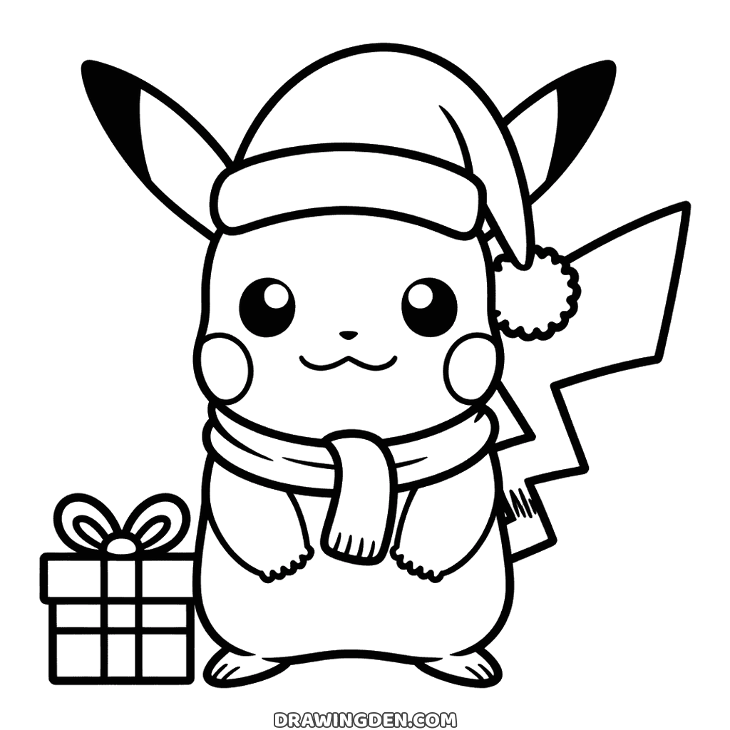 Standing Pikachu the Pokémon at Christmas, hat between his ears, a scarf with a fringed end and a wrapped present at his side