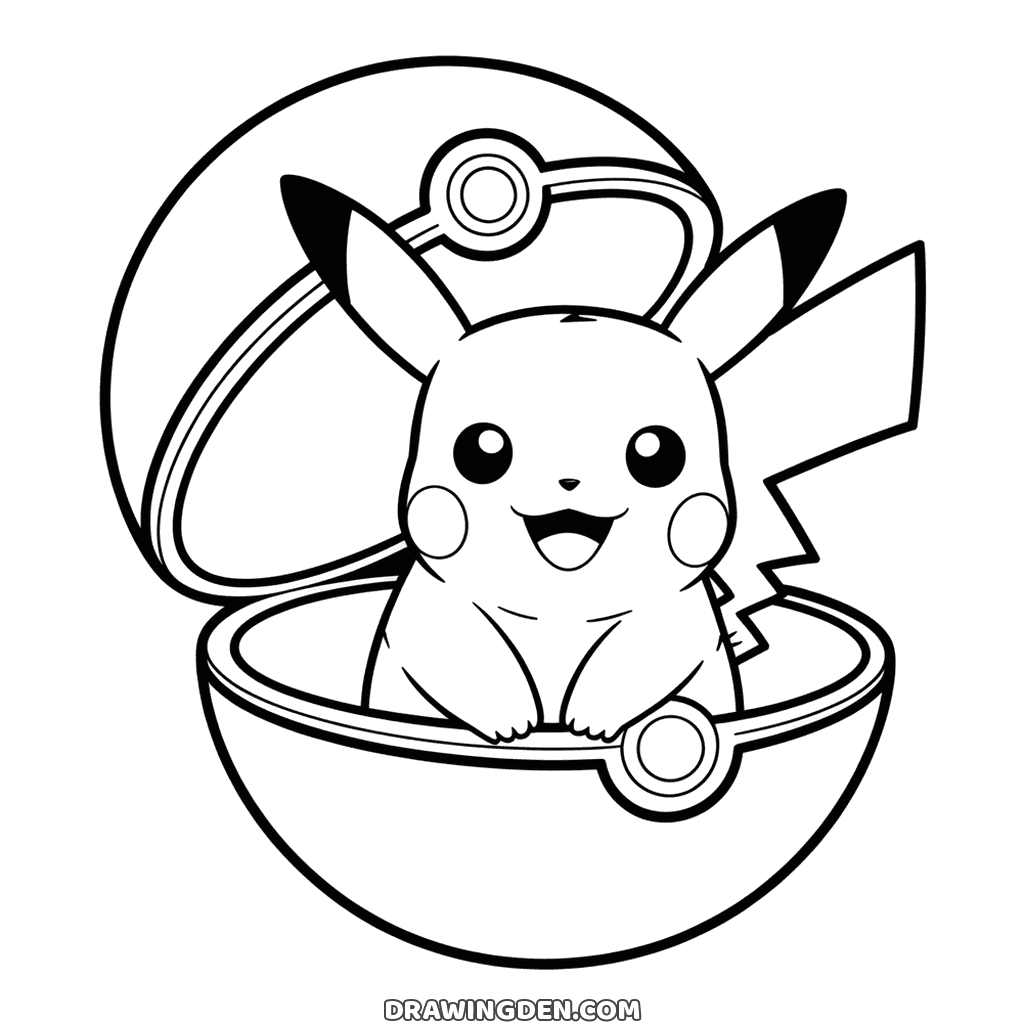 Pokémon Pikachu açık bir poké ball'ın içinde oturuyor, kapağı arkasında kalkık, tatlı yazdırılabilir sayfa