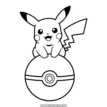 Pokémon Pikachu sitting on top of a large Poké Ball with his paws resting on it and an open smile