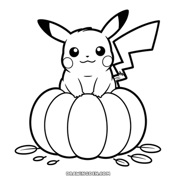 Pokémon Pikachu çizimi uzun yivli bir balkabağının tepesine tünemiş, kulakları yukarıda ve kuyruğu arkada