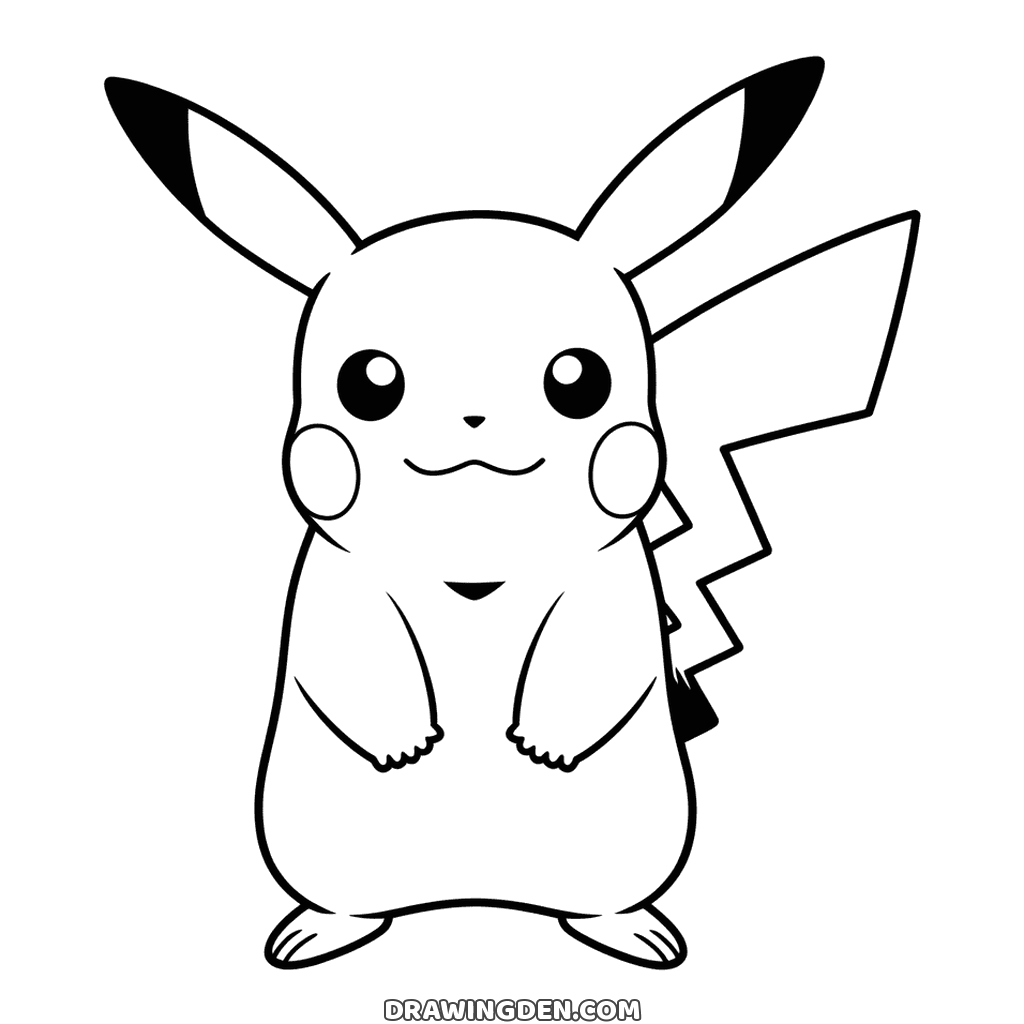 Easy Pikachu drawing to print and color: the Pokémon standing front on with pointed ears and a lightning bolt tail