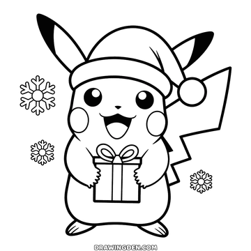 Pikachu the Pokémon standing at Christmas in a Santa hat holding a wrapped present with snowflakes falling around him