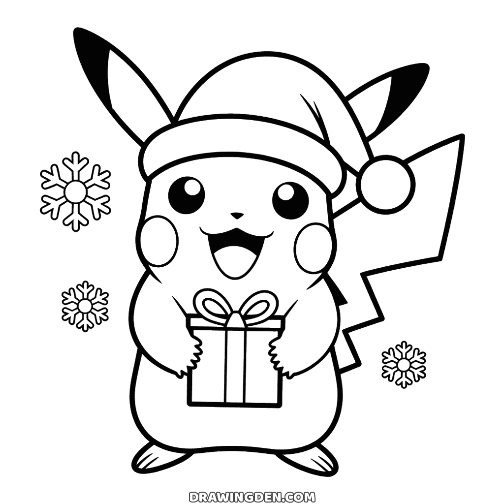Pikachu the Pokémon standing at Christmas in a Santa hat holding a wrapped present with snowflakes falling around him