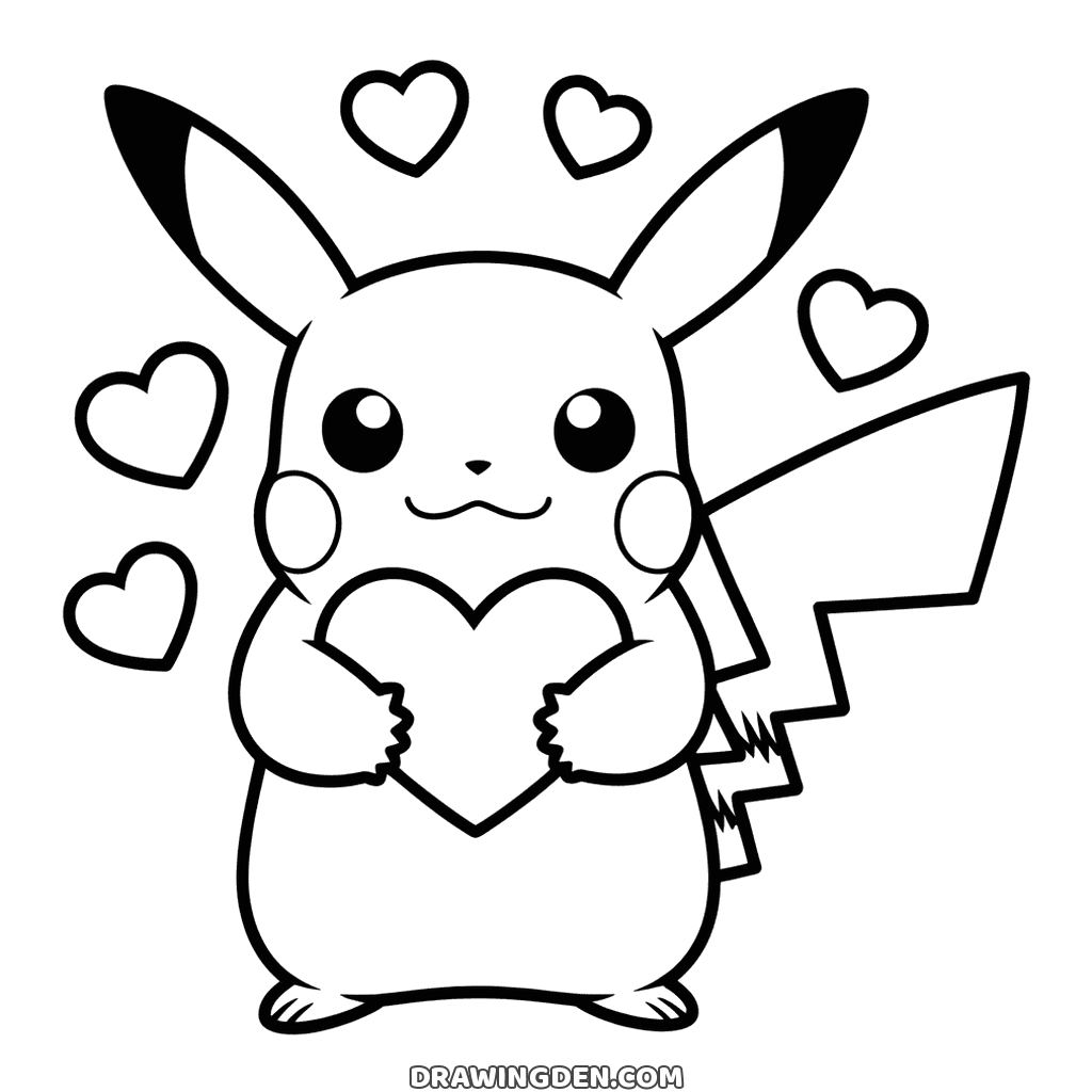 Pokémon Pikachu standing and hugging a big heart against his chest with both paws, five small hearts floating around him