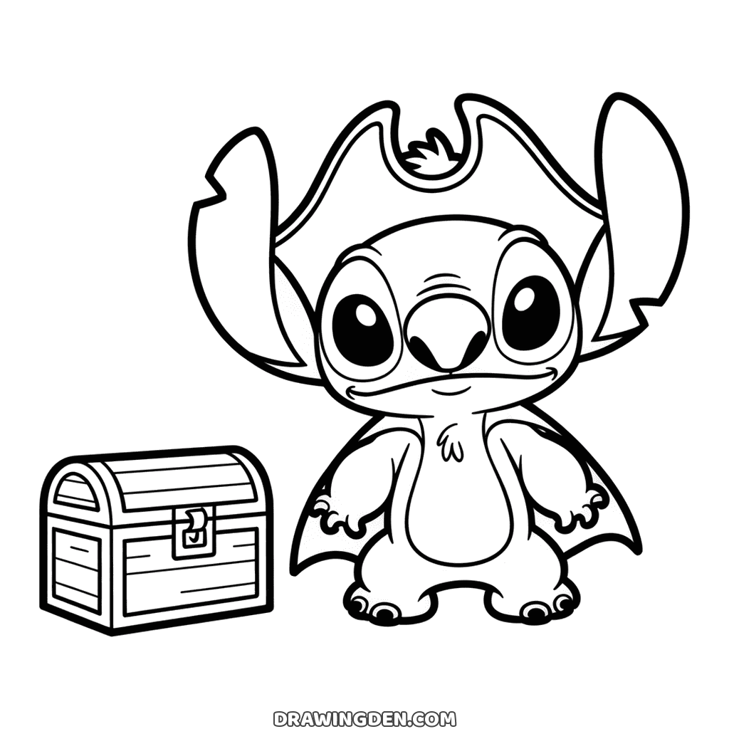 Pirate Stitch wearing a tricorn hat and a cape, standing next to a locked treasure chest