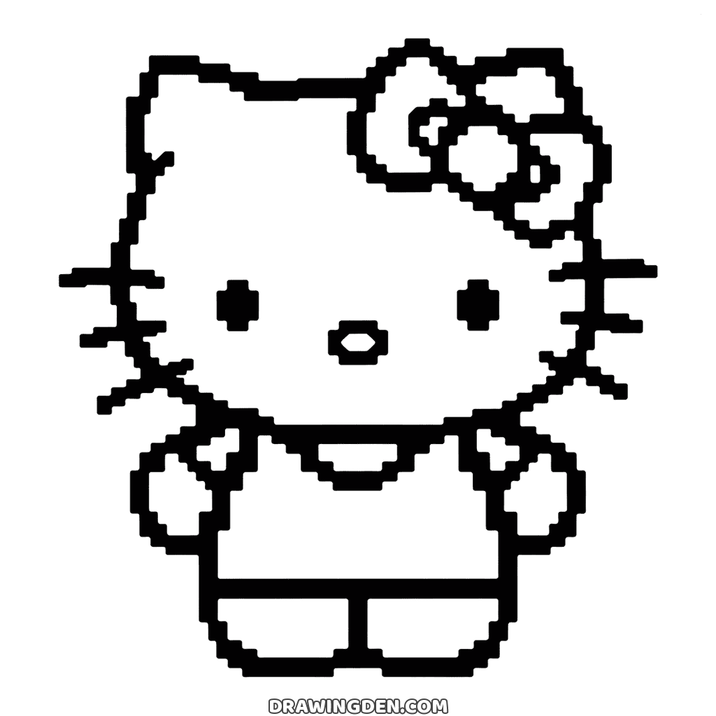 Pixel art Hello Kitty with her bow, eyes and whiskers drawn in square steps