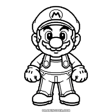 Pixel art Mario standing front-on, every outline made of small squares like an old video game