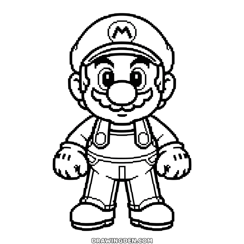 Pixel art Mario standing front-on, every outline made of small squares like an old video game