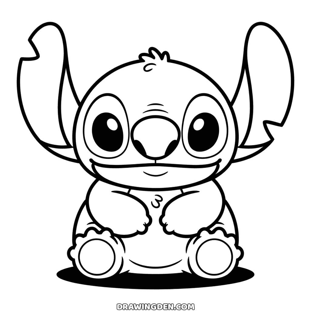 Round plush style Stitch sitting with his paws resting on his tummy and his feet forward, a small shadow below him