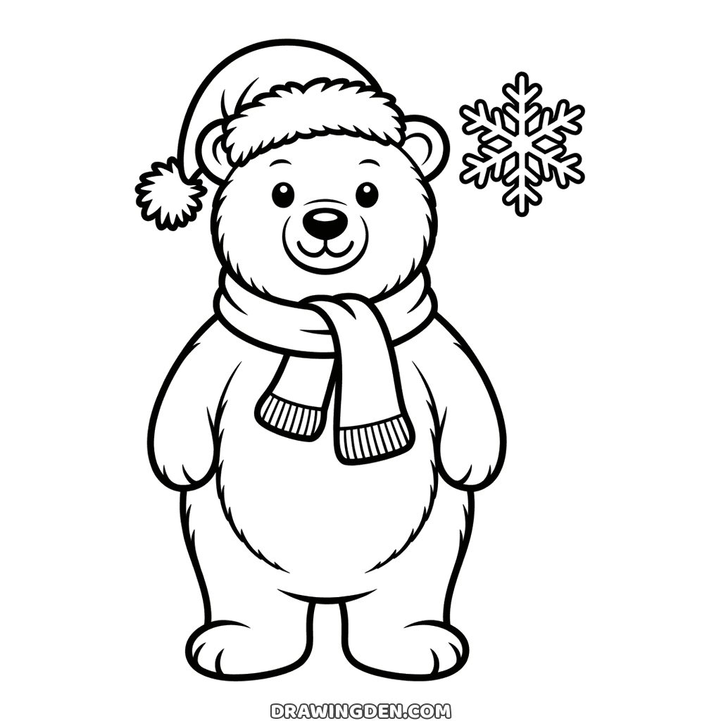 Polar bear standing in a Christmas Santa hat and scarf, a large snowflake beside its head