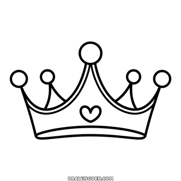 Princess crown drawing with five points, round tips and a small heart set in the middle of the band