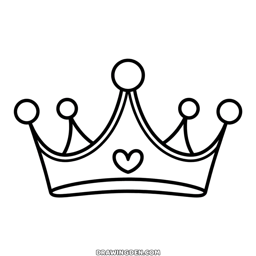 Princess crown drawing with five points, round tips and a small heart set in the middle of the band