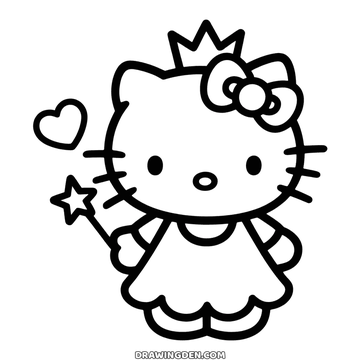 Line drawing: Princess Hello Kitty wearing a pointed crown beside her bow