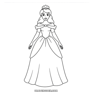 Princess standing in a full ball gown with a crown, lace neckline and the skirt falling in deep folds