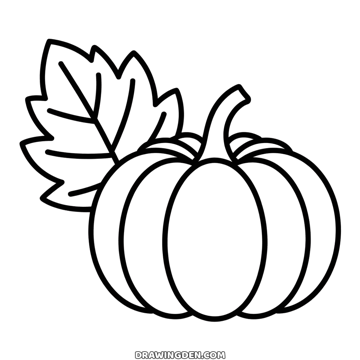 Round pumpkin with ribbed sides and a curved stem, a large fall leaf behind it