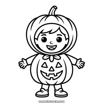 Child in a Halloween pumpkin costume with a carved face on the front and a green stalk hat, arms out