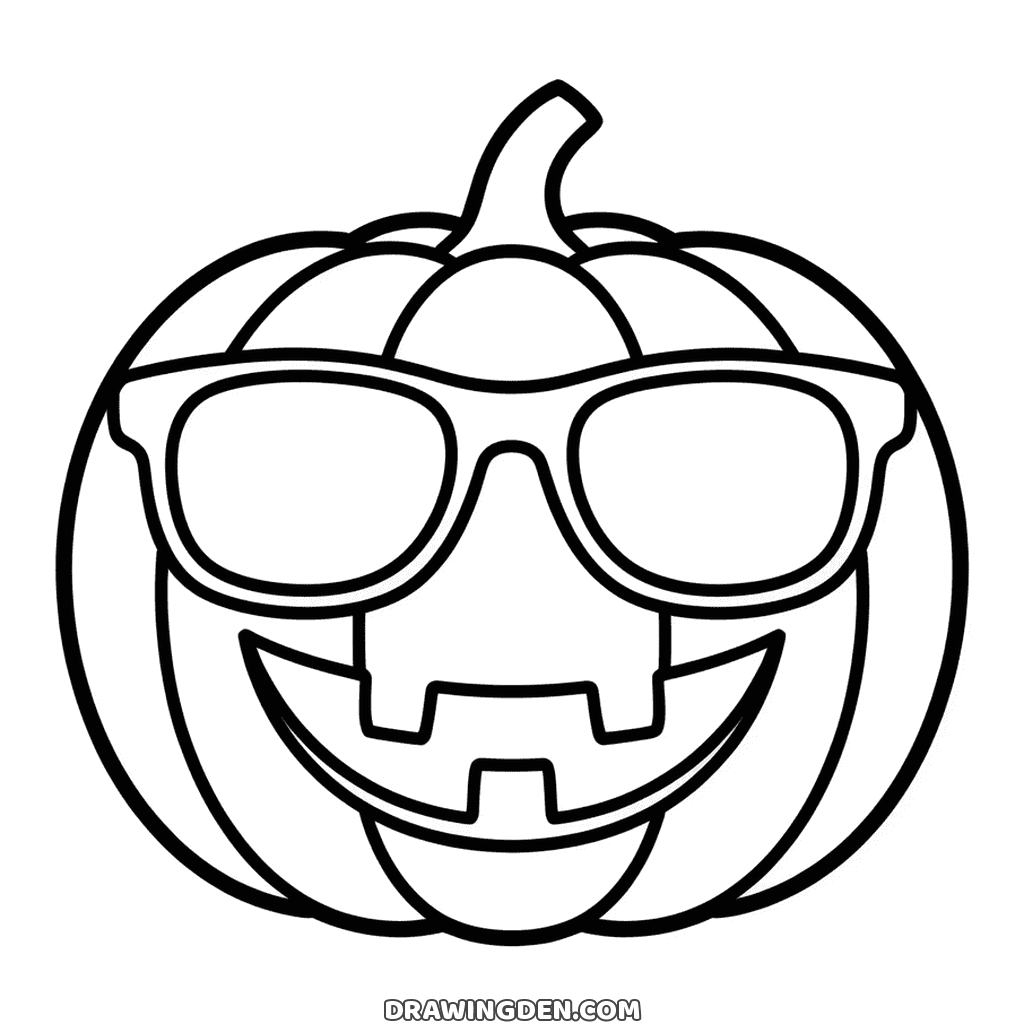 Easy Halloween pumpkin drawing with square sunglasses across its eyes and a wide toothy grin
