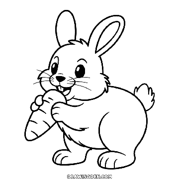 Rabbit coloring page: seen from the side holding a carrot up to its mouth in both paws
