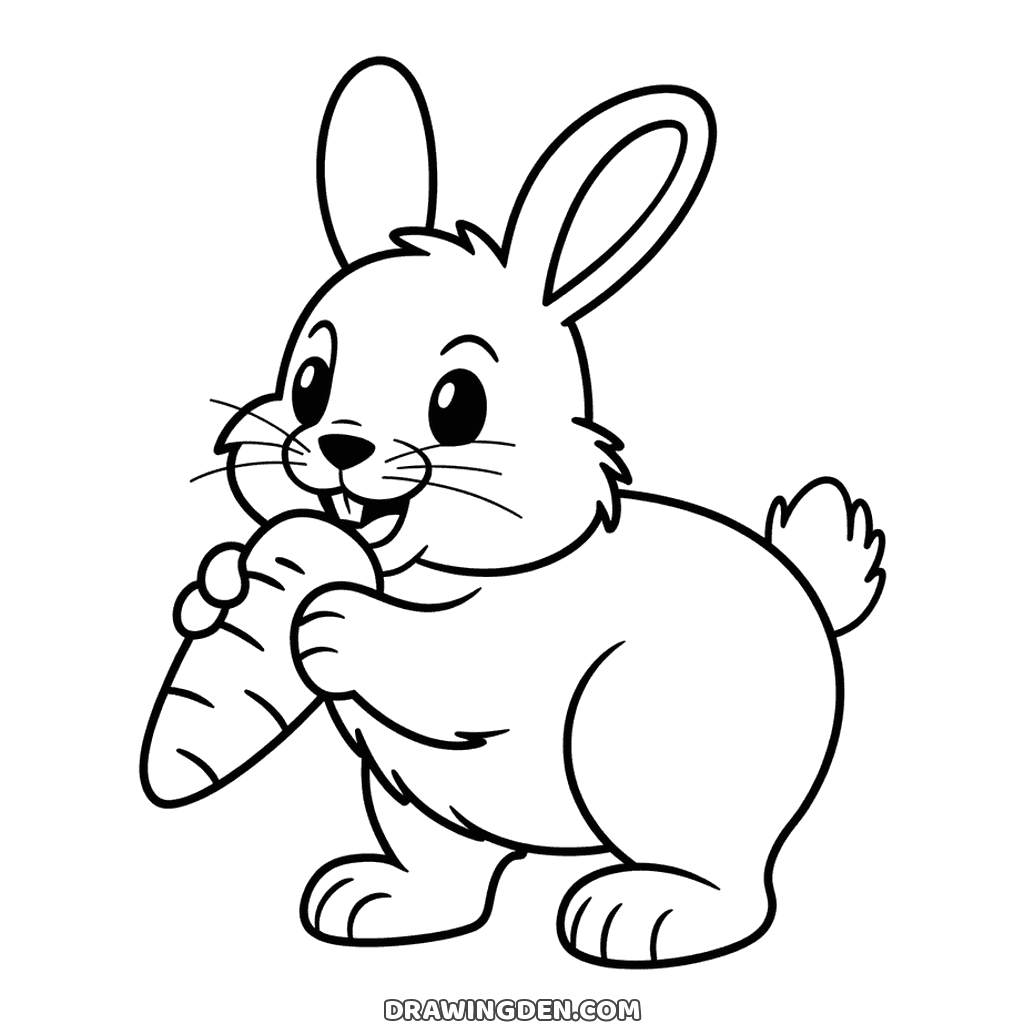 Rabbit coloring page: seen from the side holding a carrot up to its mouth in both paws