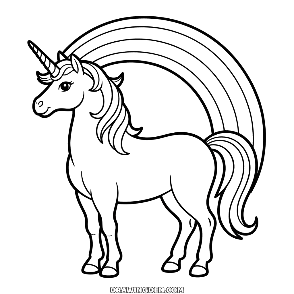 Dessin gratuit de licorne arc-en-ciel à imprimer, debout devant un grand arc-en-ciel
