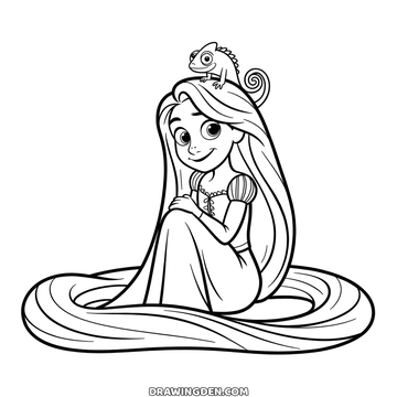 Prenses Rapunzel kendi örgüsünün halkaları üstünde oturuyor, yanında küçük bukalemun Pascal var, boyama
