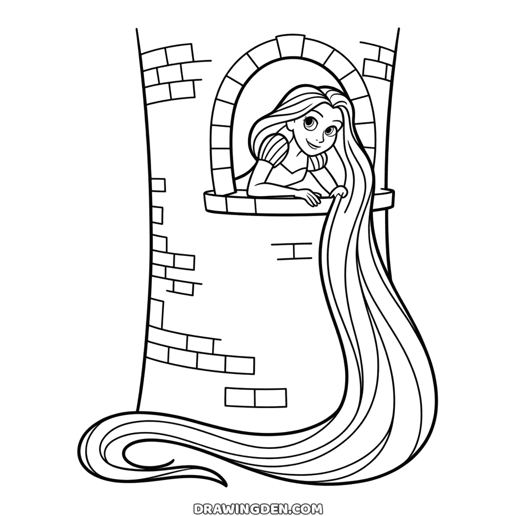 Princess Rapunzel leaning from her tower window with her long braid falling all the way down the brick wall