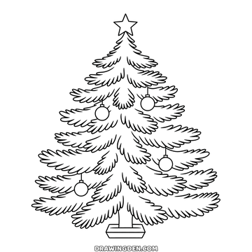 Free detailed christmas tree coloring page to print, layered branches of fine needles with baubles and a star